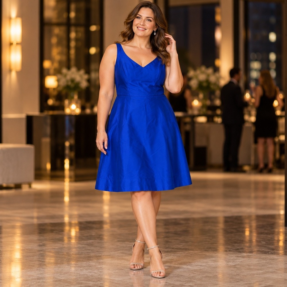 Lula Kate Royal Blue Fit & Flare V-Neck Cocktail Dress Size 12 Sleeveless Lined
